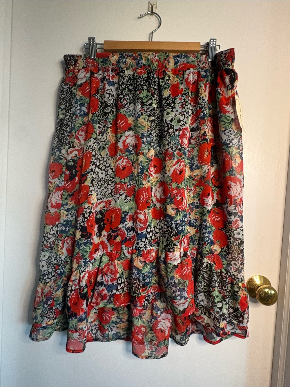 Kim Rogers NWT Sz XL Floral Tiered Chiffon Knee Skirt XL HI-Low Ruffle Hem Boho